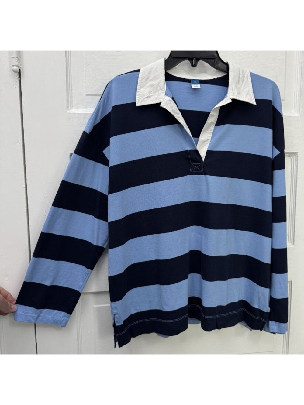 Old Navy Women’s M Blue Stripe Oversized Rugby Polo Cotton Long Sleeve